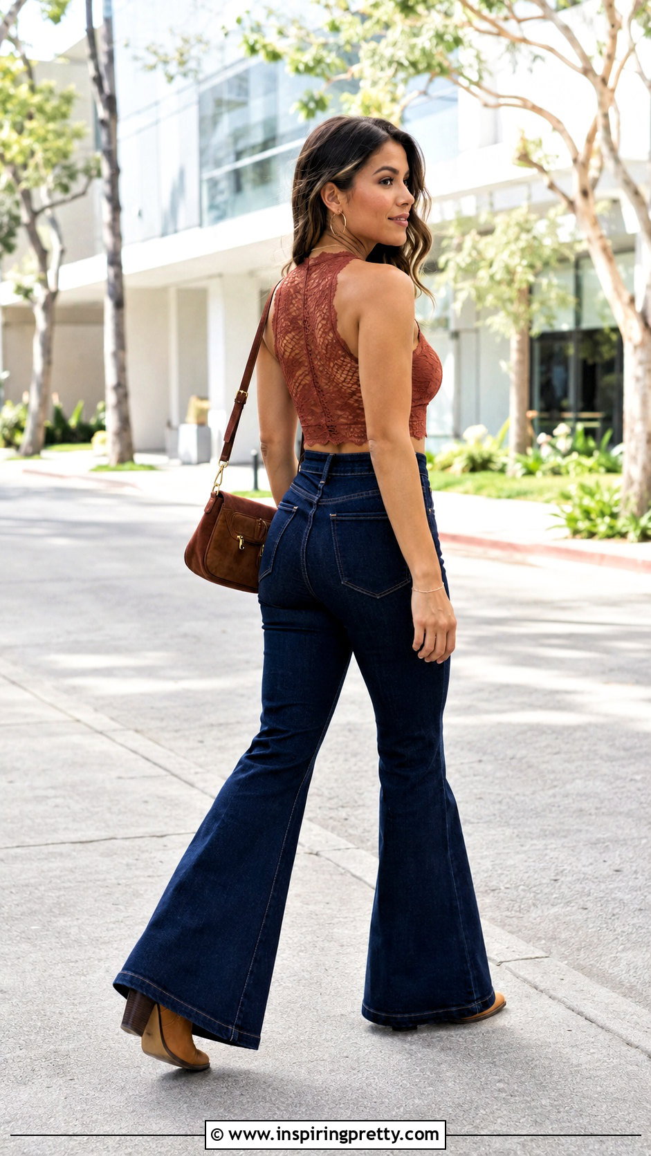 Lace Back Crop Top With Flared Jeans - 20 Lace Back Crop Top outfit ideas