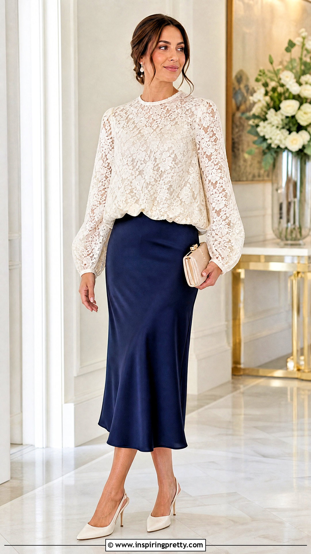 Lace Balloon Top With Satin Midi Skirt - 50 balloon top outfit ideas
