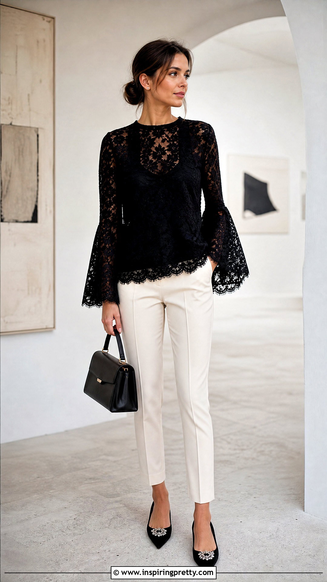 Lace Bell Sleeve Top With Slim Trousers - 50 lace top styles