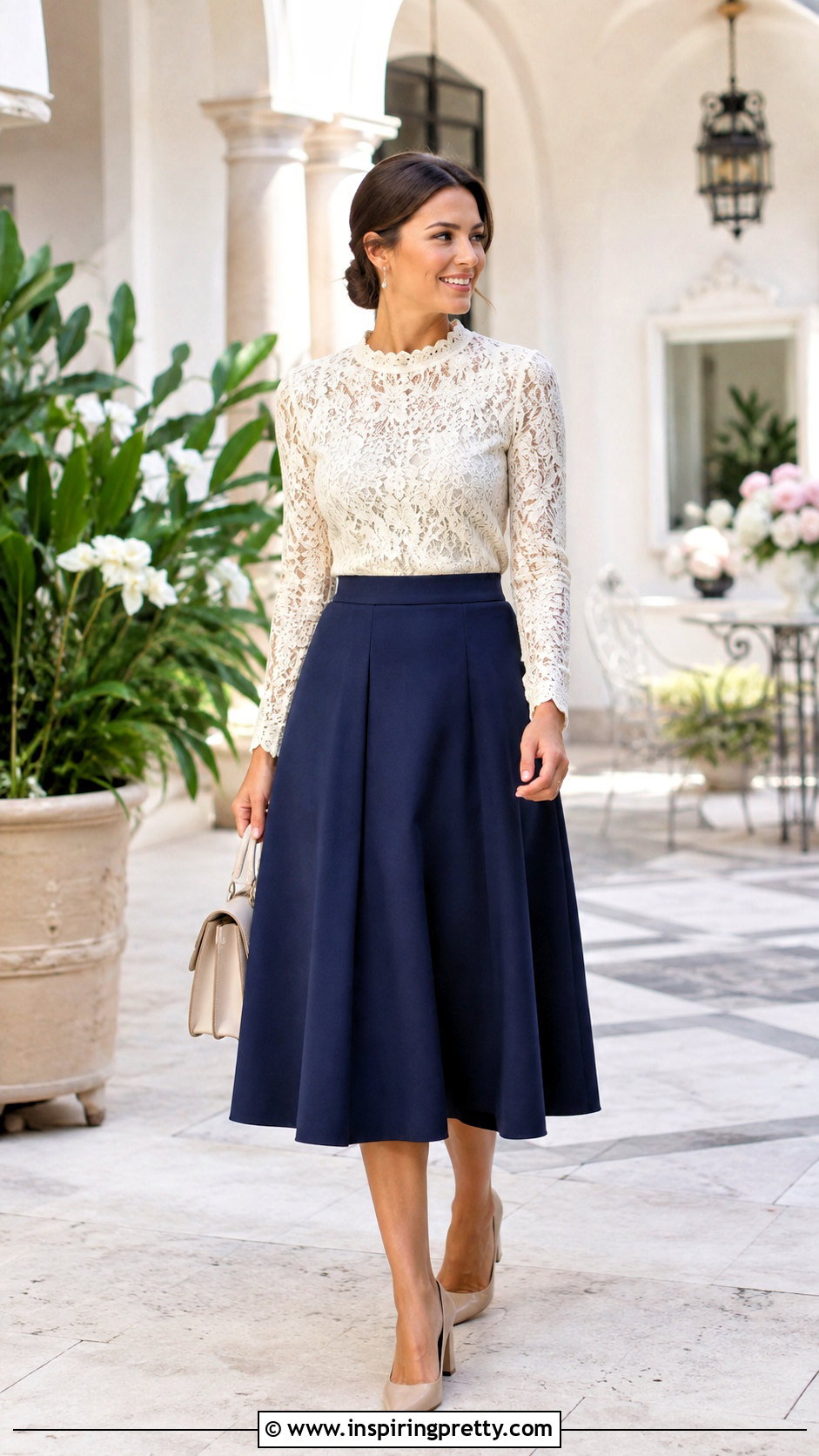 Lace Blouse And A Line Midi Skirt Outfit - 50 tops and skirts outfit ideas
