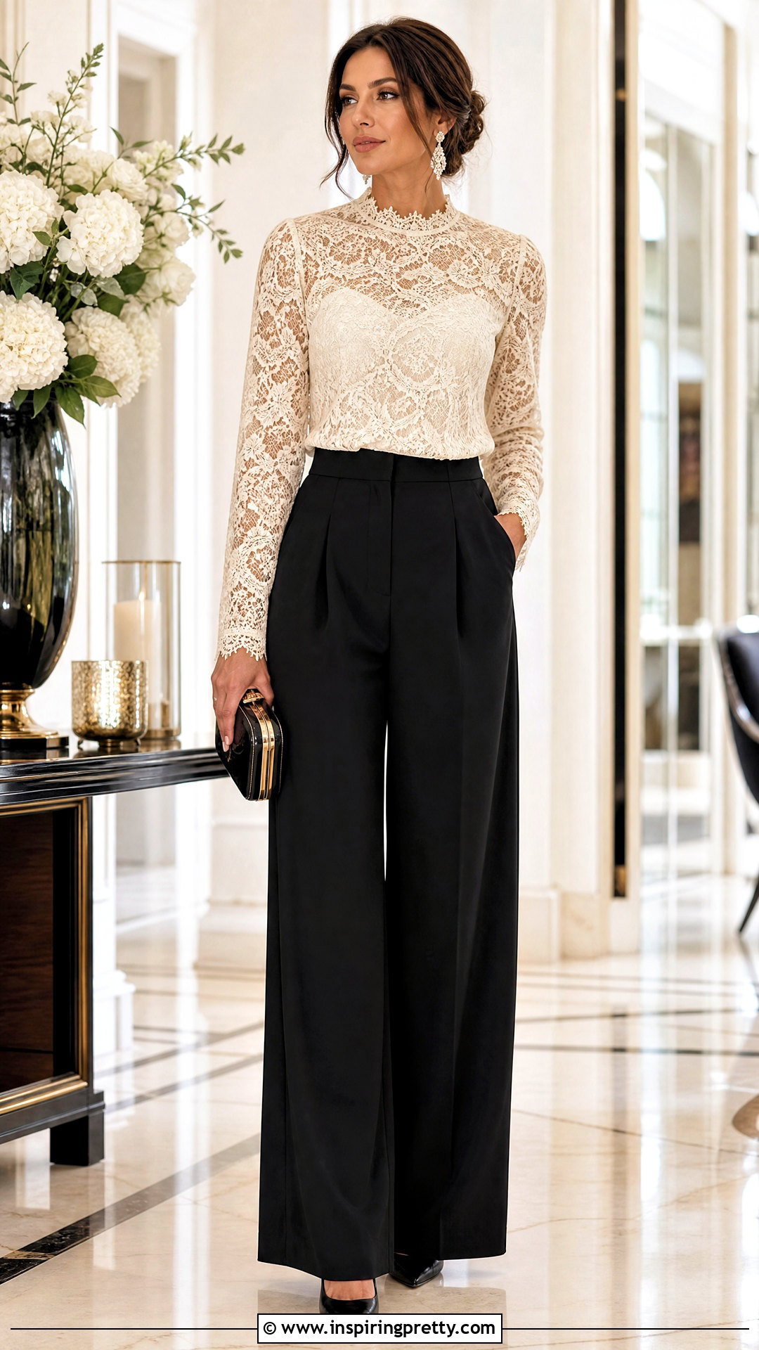 Lace Blouse With Black Trousers - 50 top and pants outfit ideas