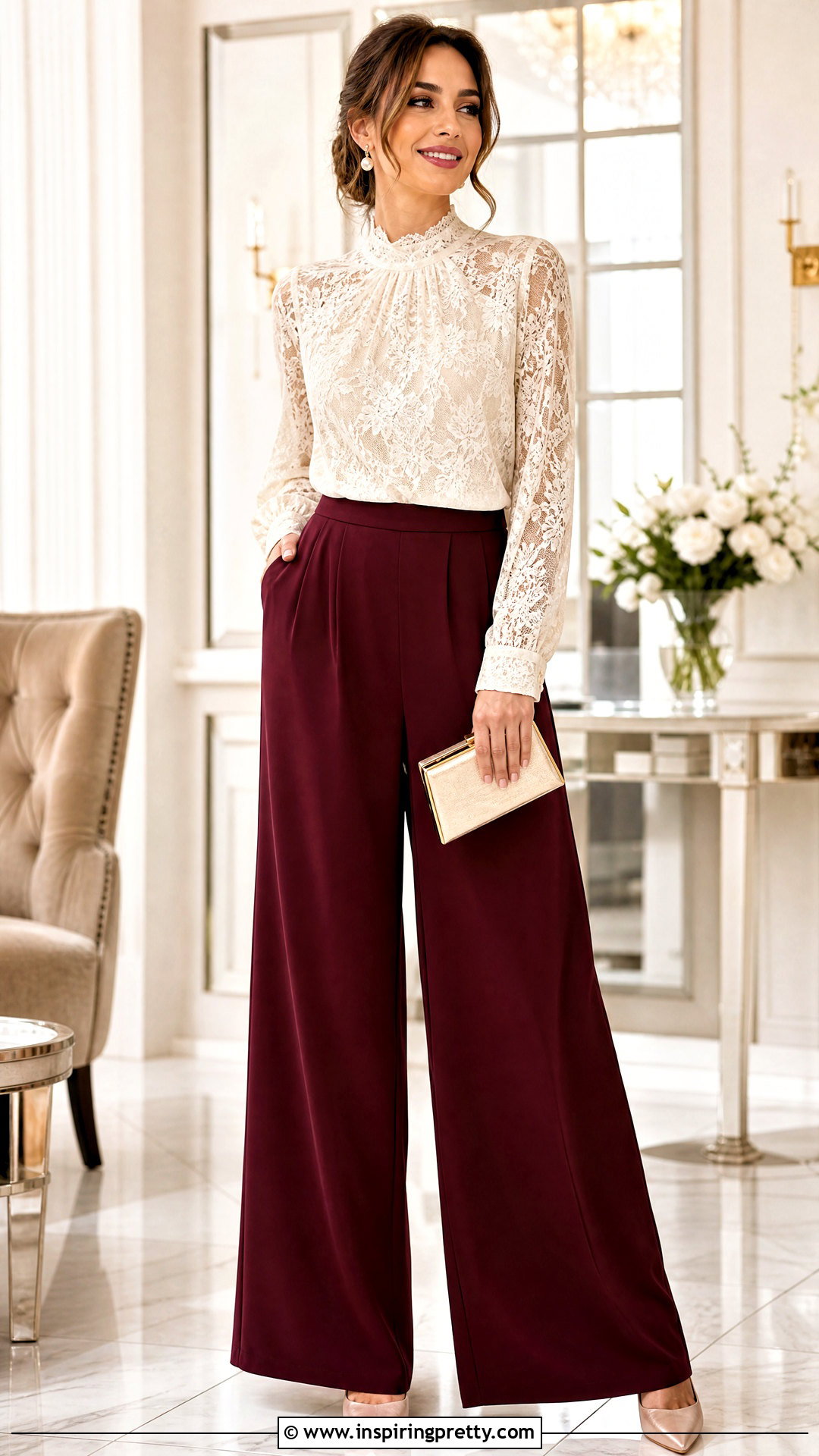 Lace Blouse With Crepe Palazzo Pants - 50 tops for palazzo pants classy outfits