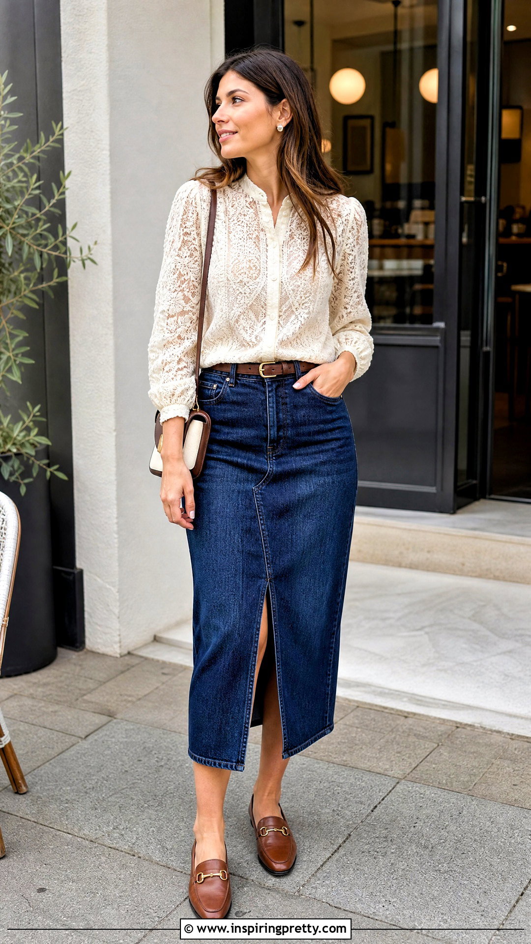 Lace Blouse With Denim Midi Skirt - 50 lacy tops outfit ideas