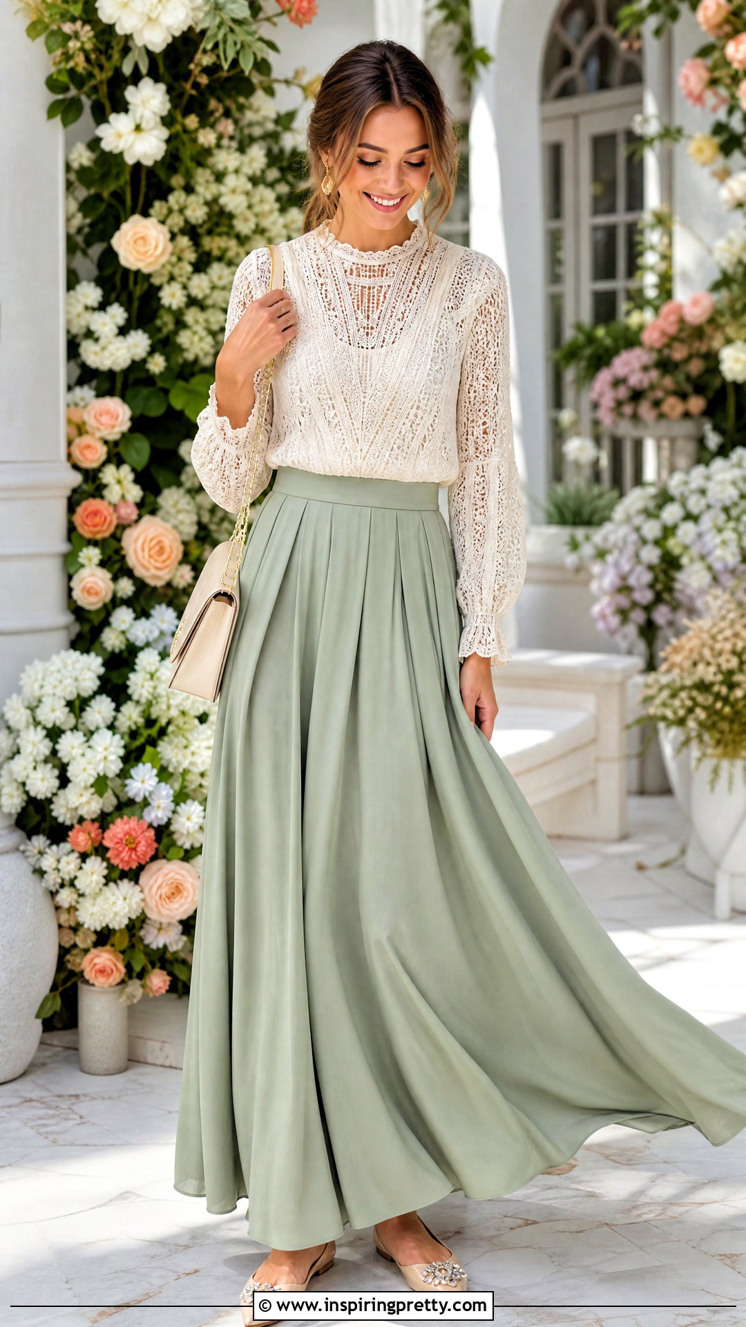 Lace Blouse With Flowing Maxi Skirt - 50 Lace Top Outfit Aesthetic Ideas