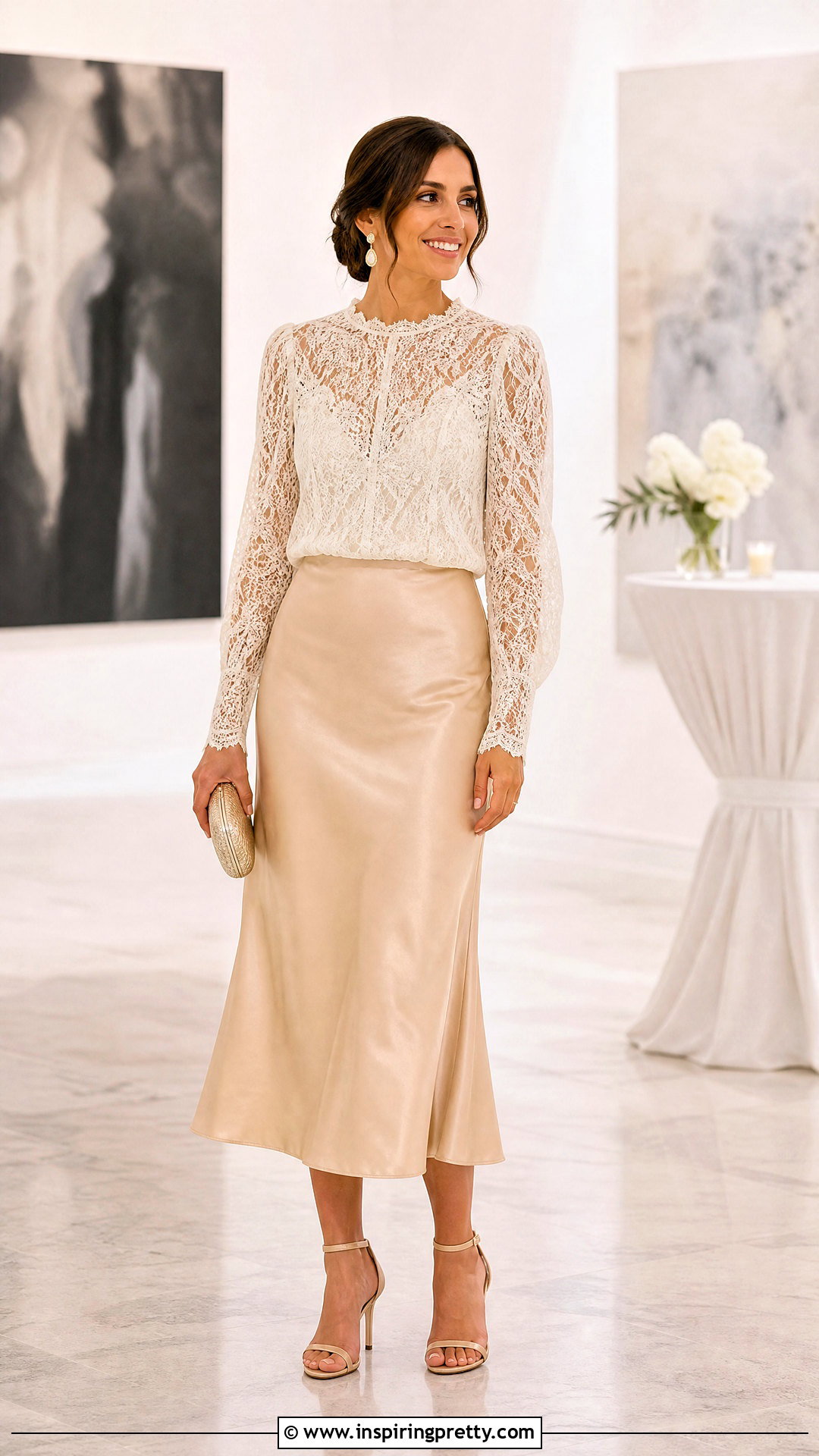 Lace Blouse With Satin Midi Skirt - 50 lace tops outfit ideas