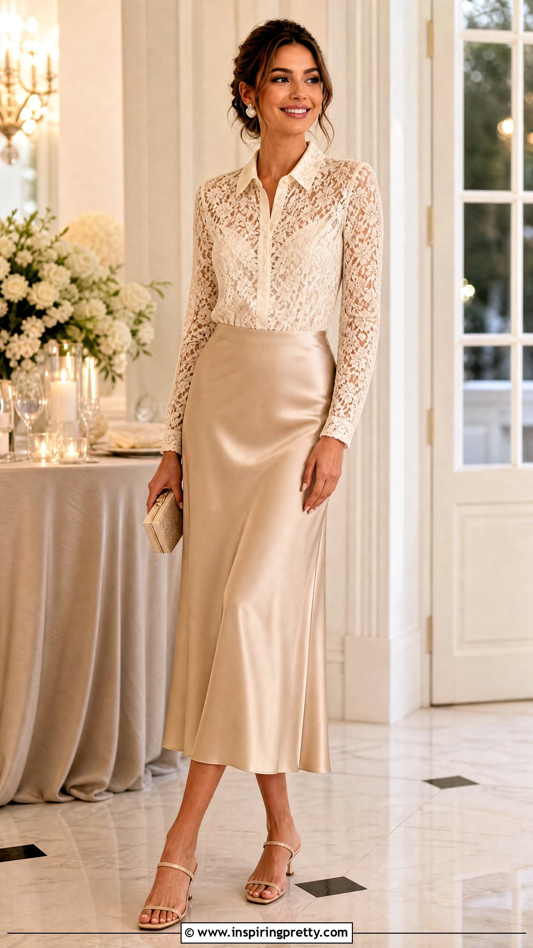 Lace Blouse With Satin Midi Skirt - 50 cute lace tops outfit ideas