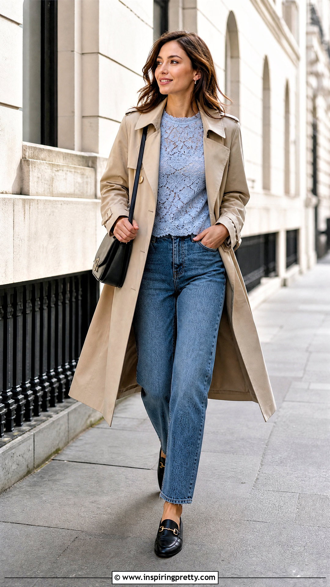 Lace Blouse With Trench Coat And Jeans - 50 Lace Top Outfit Aesthetic Ideas