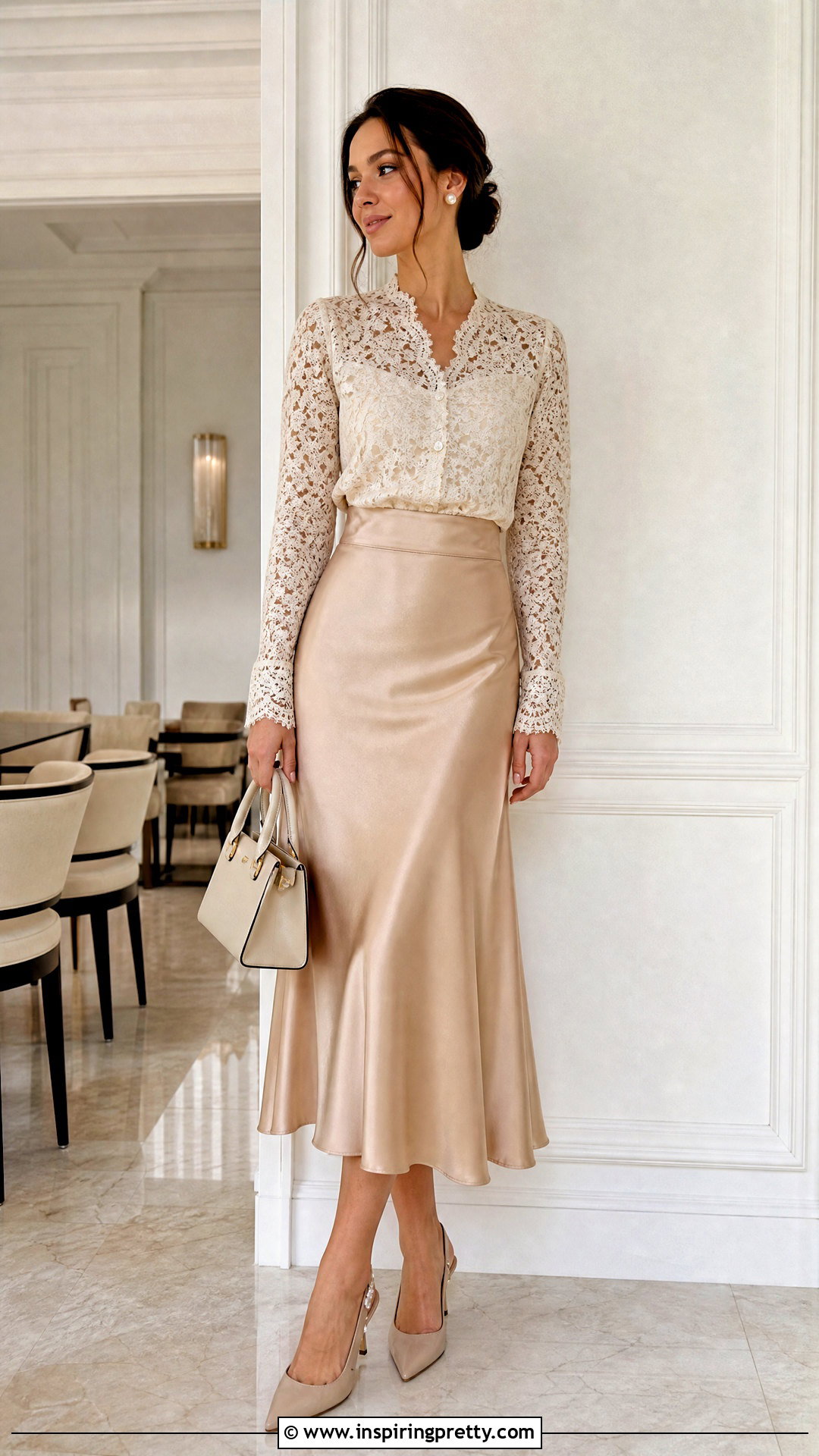 Lace Blouse With a Satin Midi Skirt - how to style a lace top (50 ways)