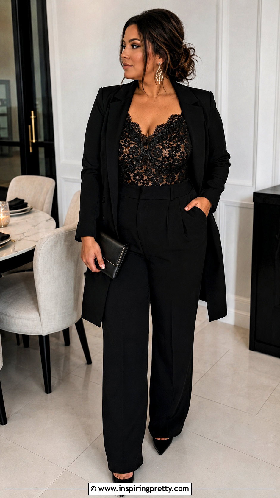 Lace Bodysuit With High Waisted Trousers - 50 night out tops outfit ideas