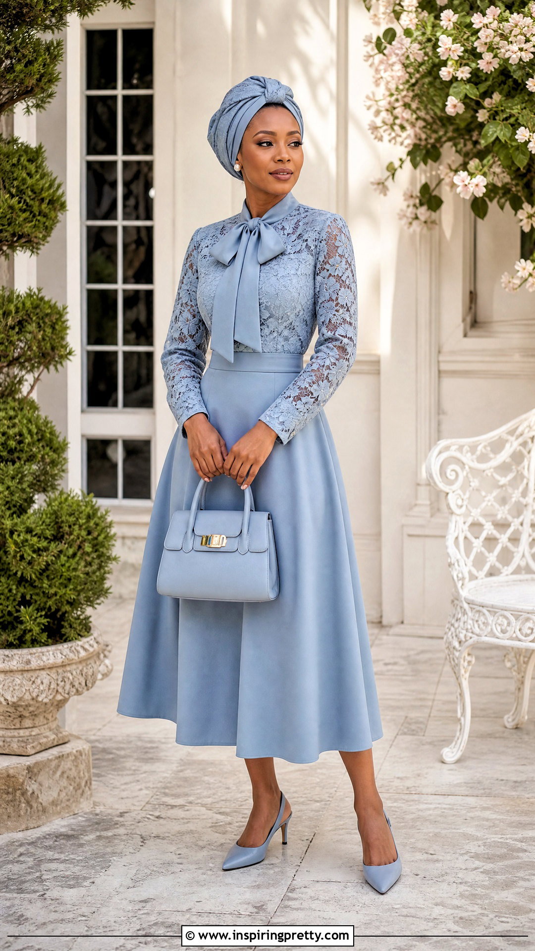 Lace Bow Neck Top And Midi Skirt - 50 skirt and top lace styles