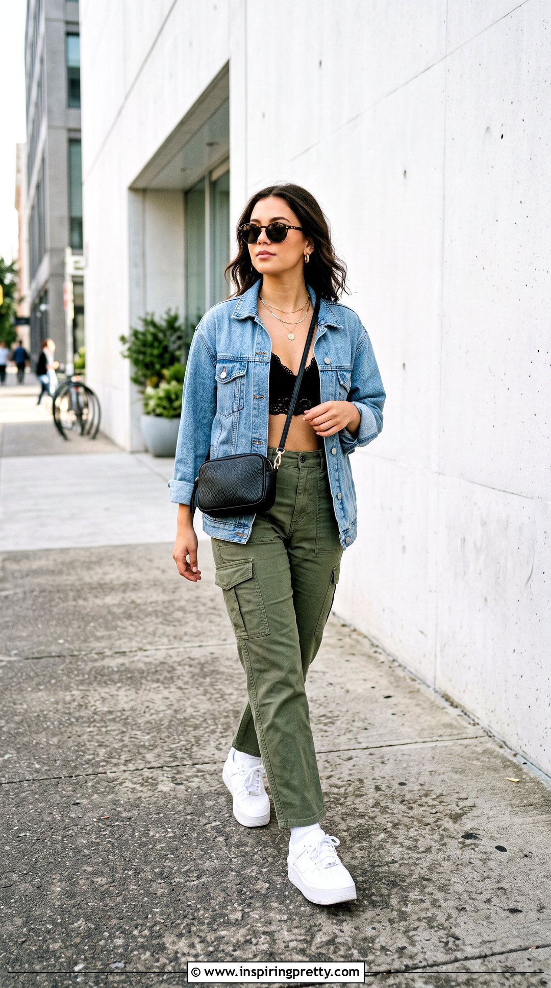 Lace Bra Top With Denim Jacket And Cargo Pants - 50 lace bra top outfit ideas