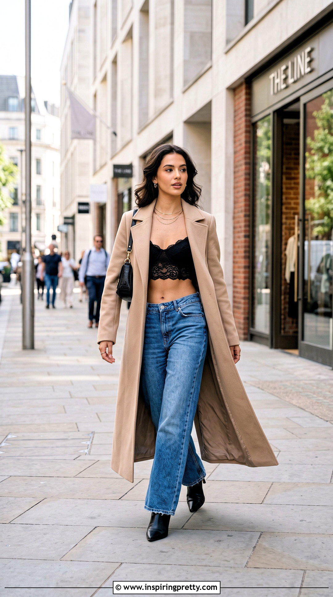 Lace Bra Top With Low Rise Jeans And Long Coat - 50 lace bra top outfit ideas