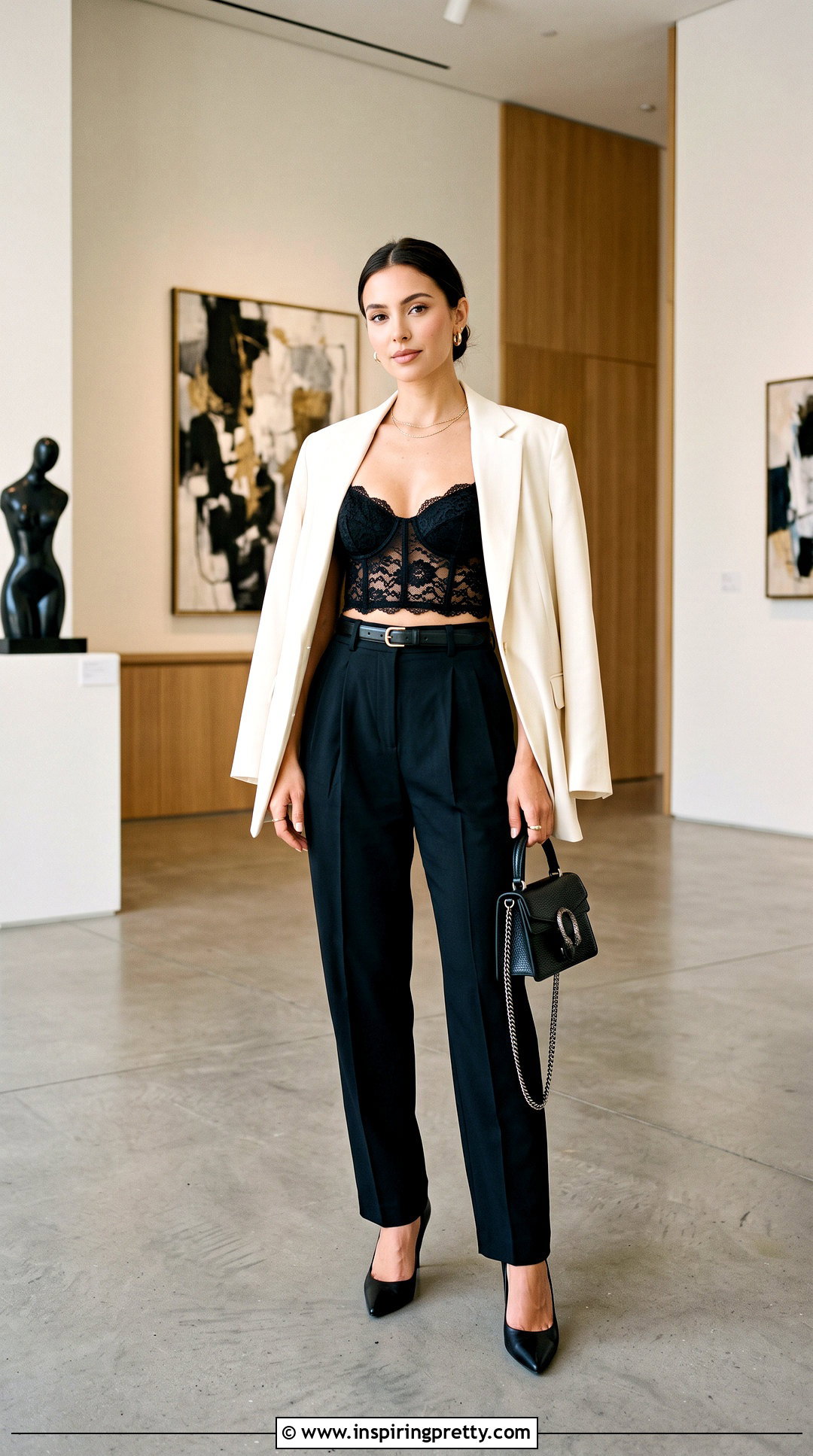 Lace Bra Top With Oversized Blazer - 50 bra top outfit ideas
