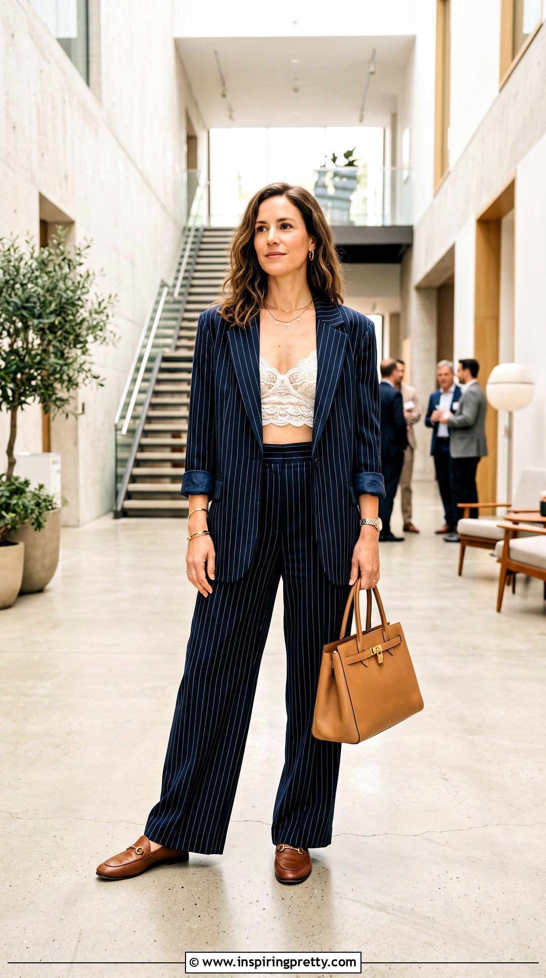 Lace Bra Top With Pinstripe Suit - 50 lace bra top outfit ideas