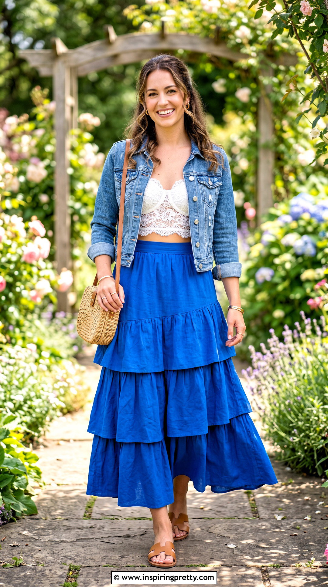 Lace Bra Top With Tiered Maxi Skirt - 50 lace bra top outfit ideas