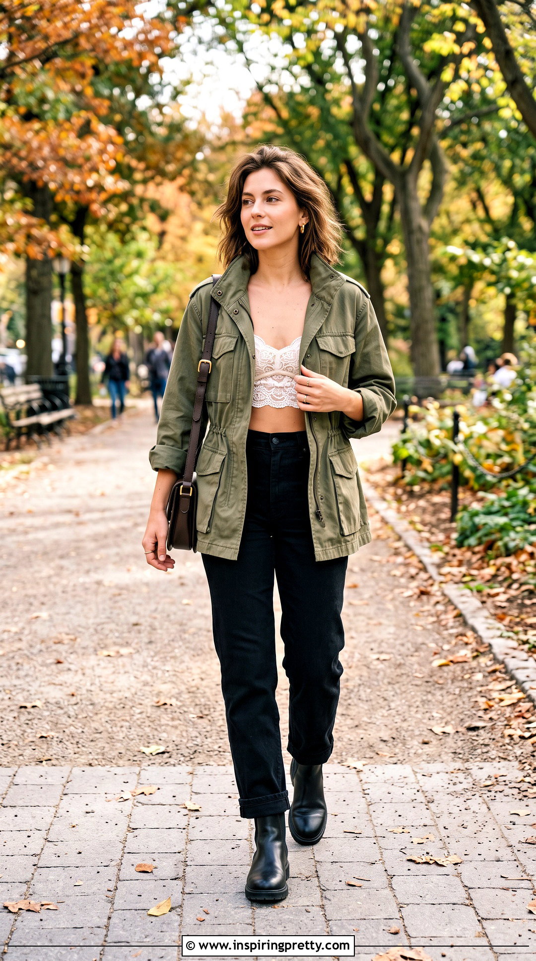 Lace Bra Top With Utility Jacket And Black Jeans - 50 lace bra top outfit ideas