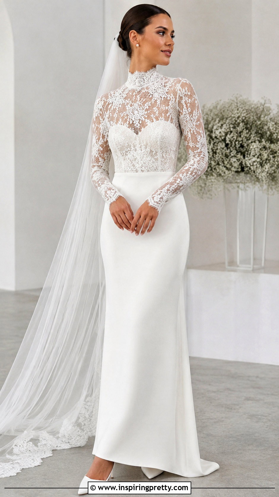 Lace Bridal Bodysuit With Crepe Column Skirt - 20 Bridal Lace Top Separate outfit ideas