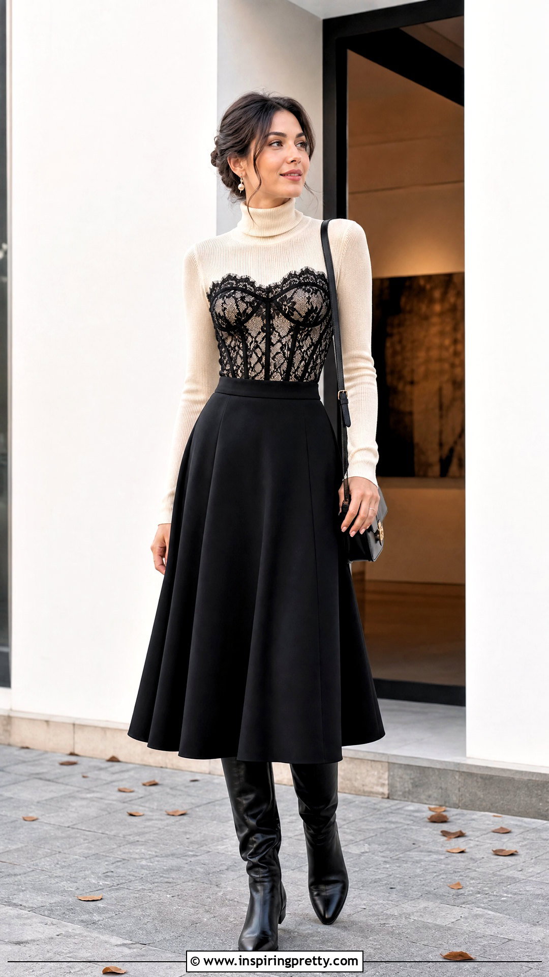 Lace Bustier Top Over A Turtleneck With A Midi Skirt - 25 bustier top long sleeve outfit ideas