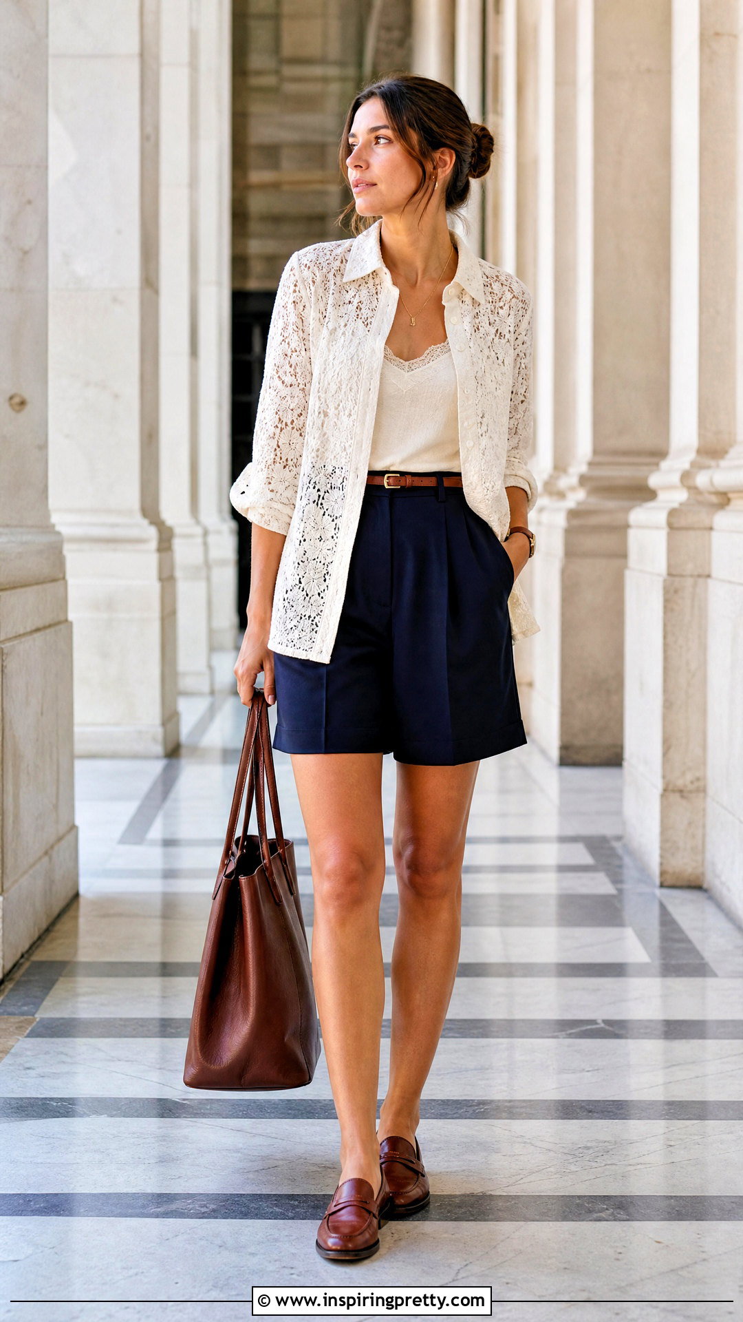 Lace Button Down Shirt With Tailored Shorts - 50 lace top styles