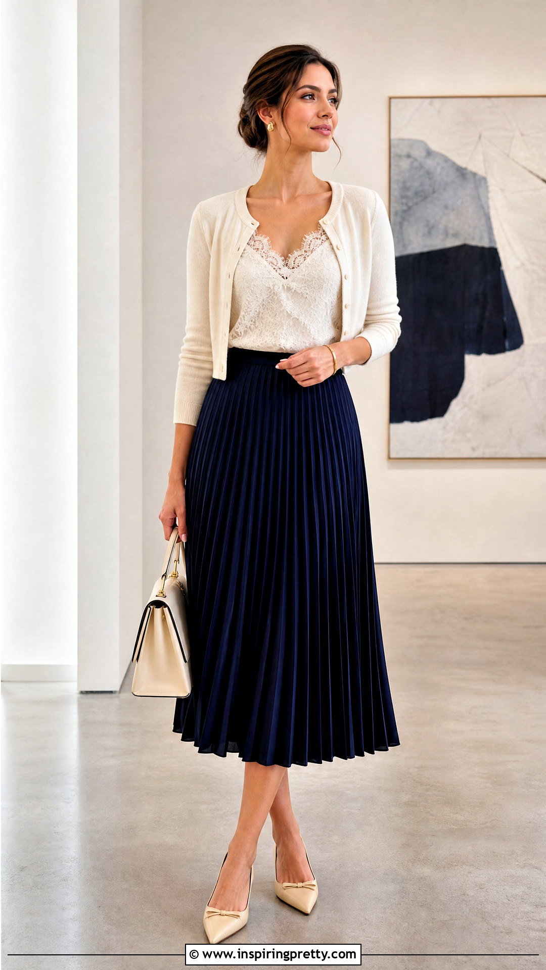 Lace Cami Top With Pleated Midi Skirt - 50 lace cami top outfit ideas