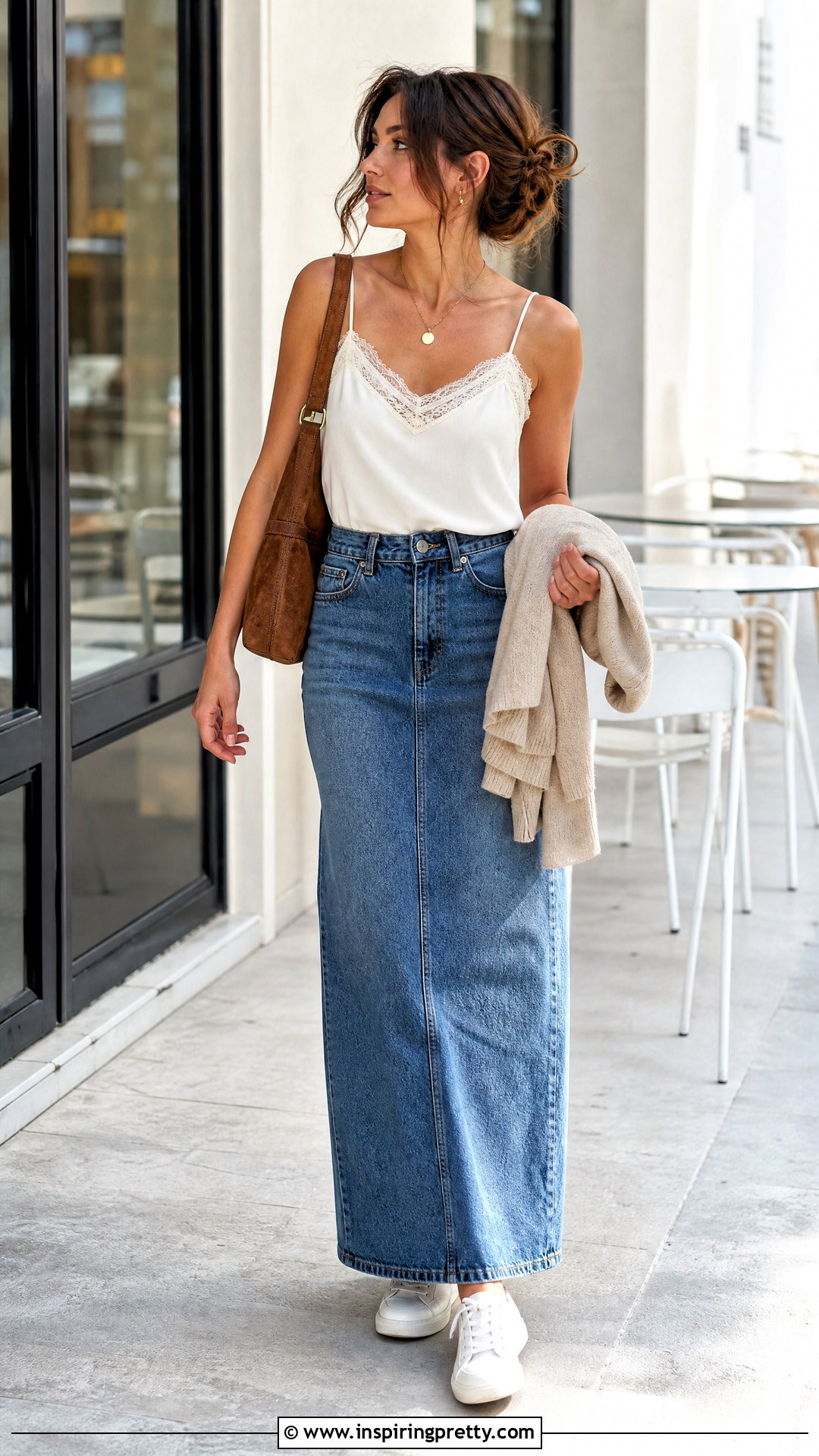 Lace Camisole And Denim Maxi Skirt Outfit - 50 summer tops aesthetic ideas