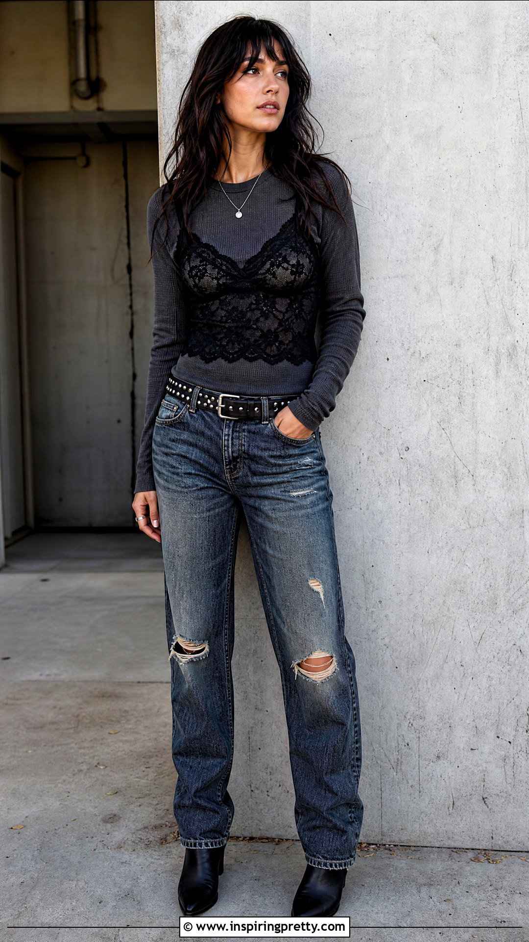 Lace Camisole Over Thermal Top Grunge Outfit - 20 Layered Tops Outfits Grunge Ideas