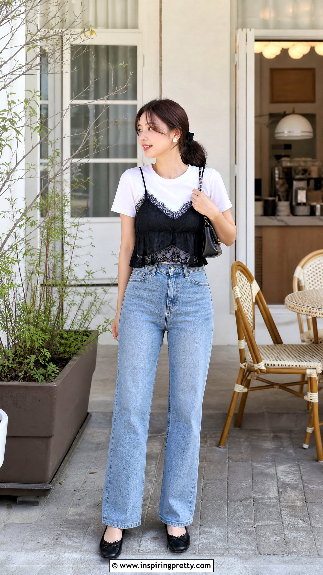 Lace Camisole Over White T Shirt Outfit - 20 Multi Layered Tops outfit ideas