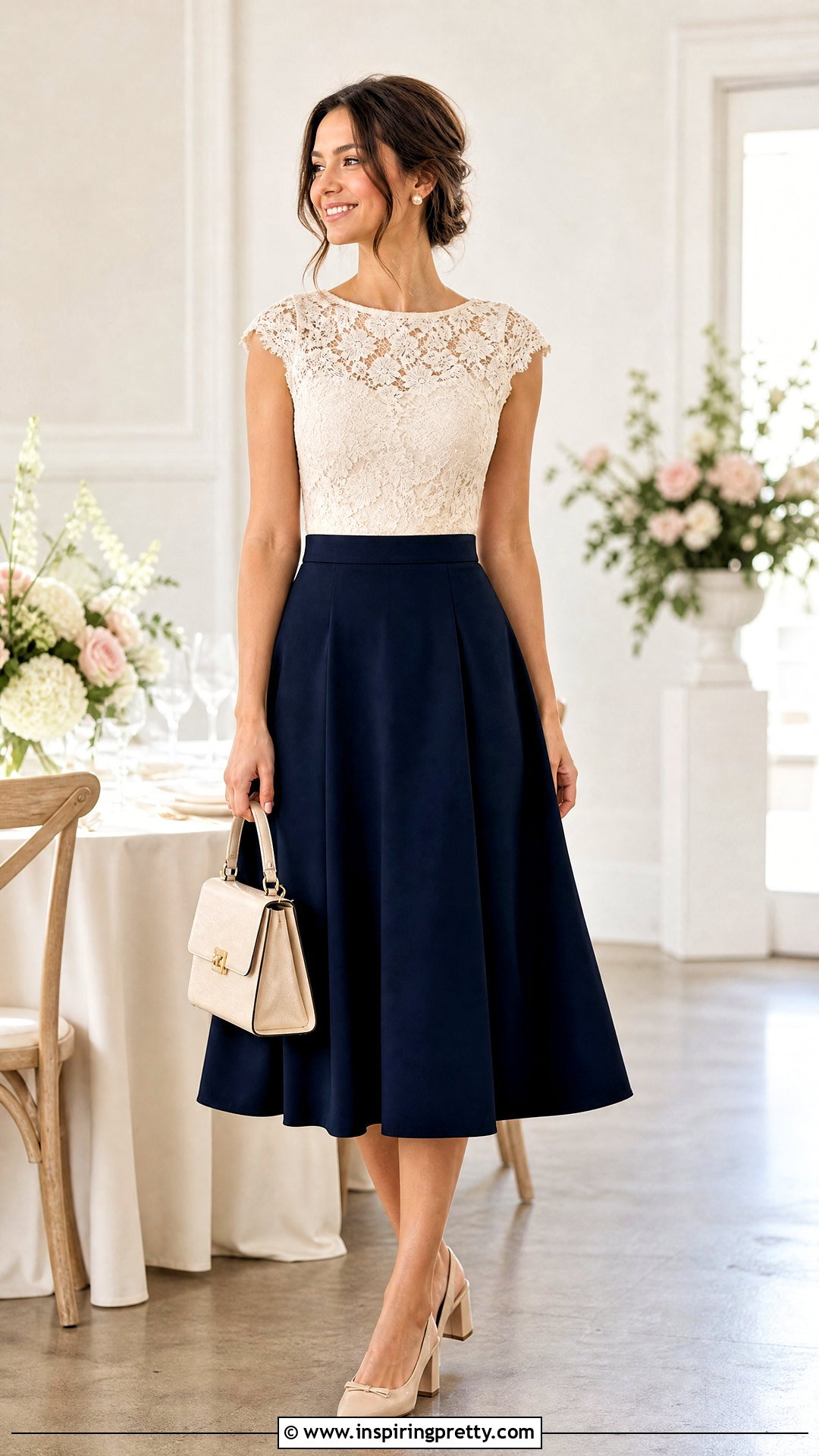 Lace Cap Sleeve Top With A Line Skirt - 50 lace tops for women classy ideas