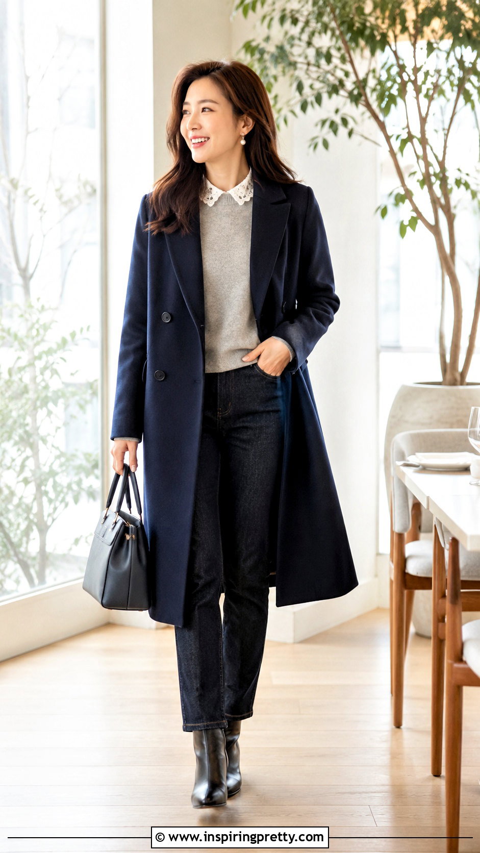 Lace Collar Blouse Under A Crew Neck Sweater - 50 cute winter tops outfit ideas
