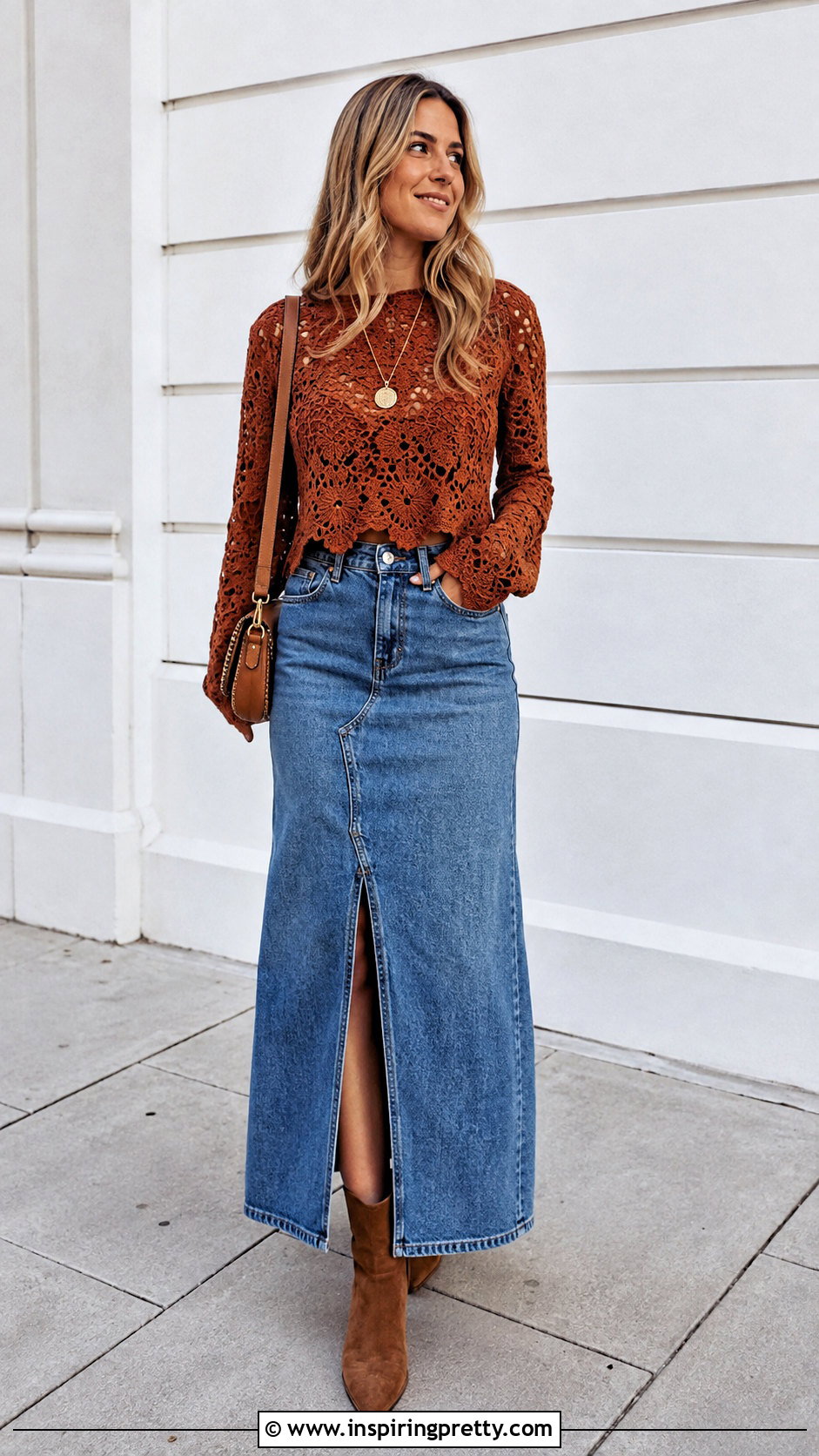 Lace Crochet Top With Denim Maxi Skirt - 50 lace crochet top outfit ideas
