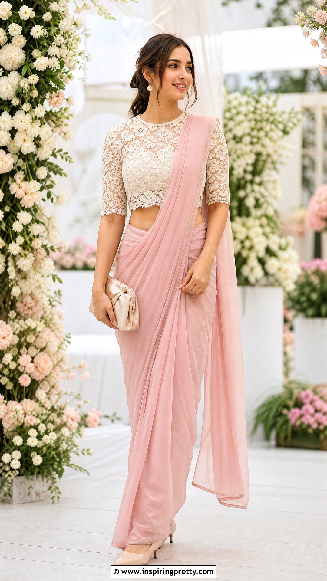 Lace Crop Top Blouse With Pastel Saree - 20 crop top blouse for saree outfit ideas