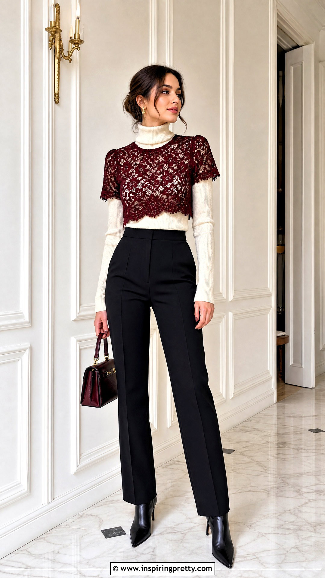 Lace Crop Top Over Turtleneck With High Waisted Pants - 25 Crop Top Over Turtleneck outfit ideas