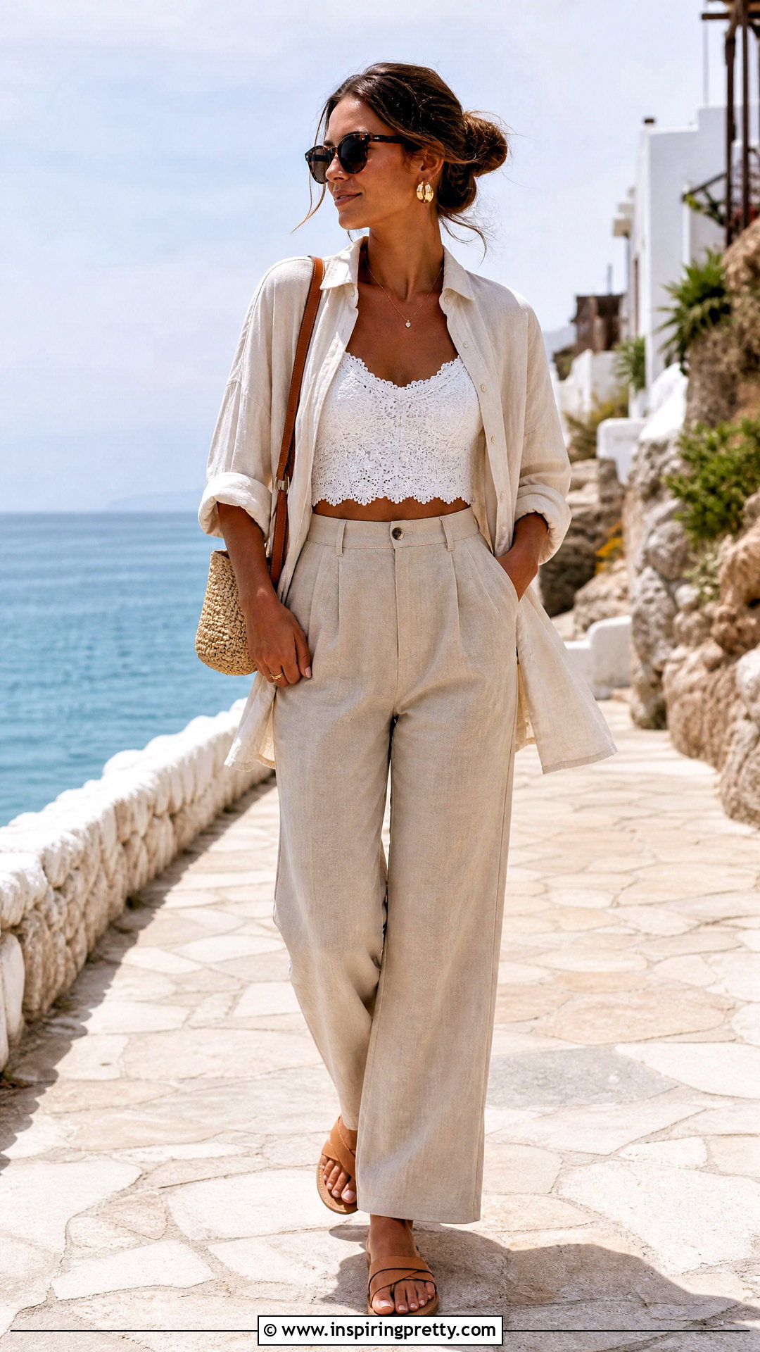 Lace Crop Top With Linen Pants - 50 lacy tops outfit ideas