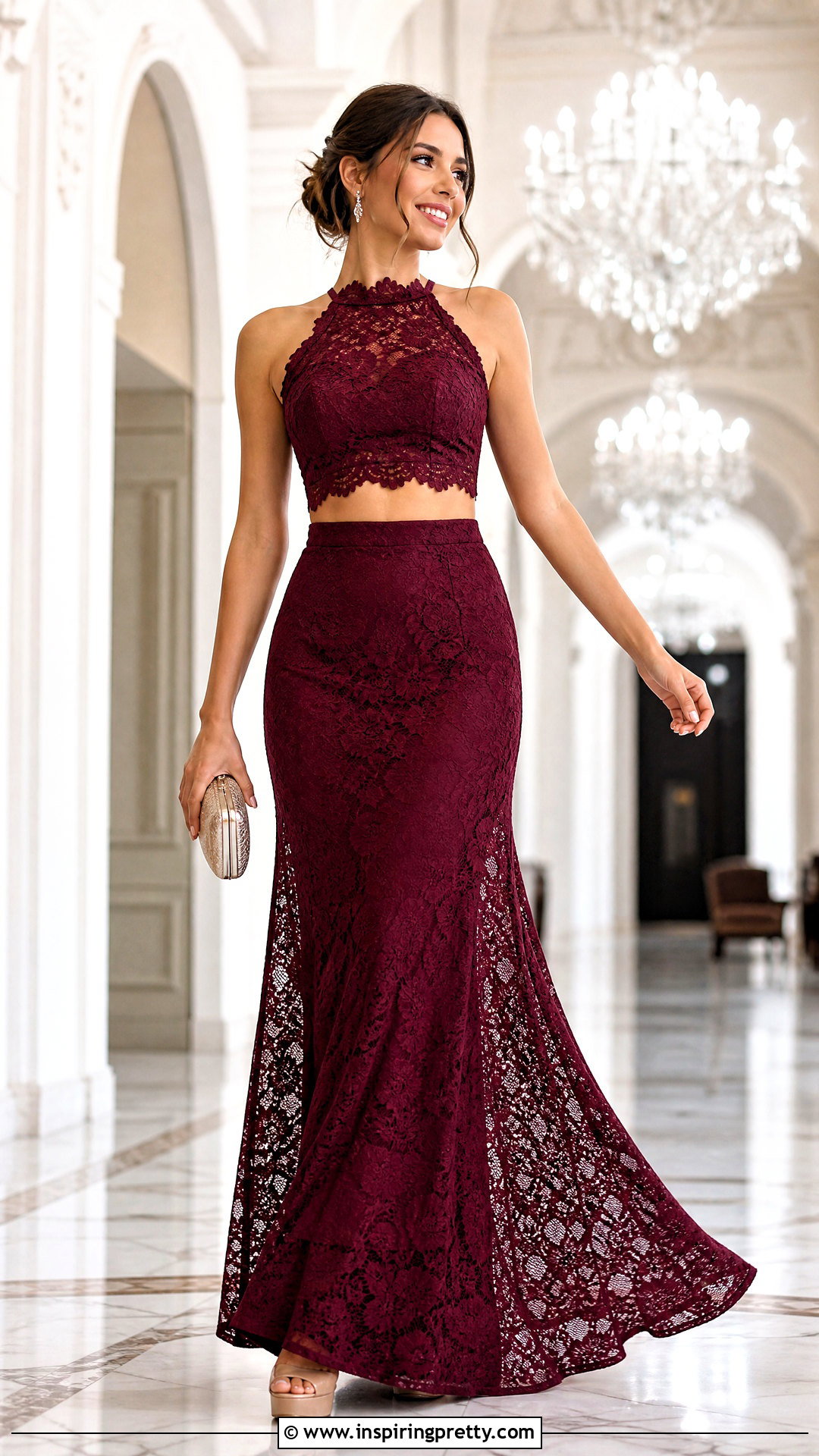 Lace Crop Top With Matching Maxi Skirt And Heels - 20 Elegant Outfit With Lace Top And Heels