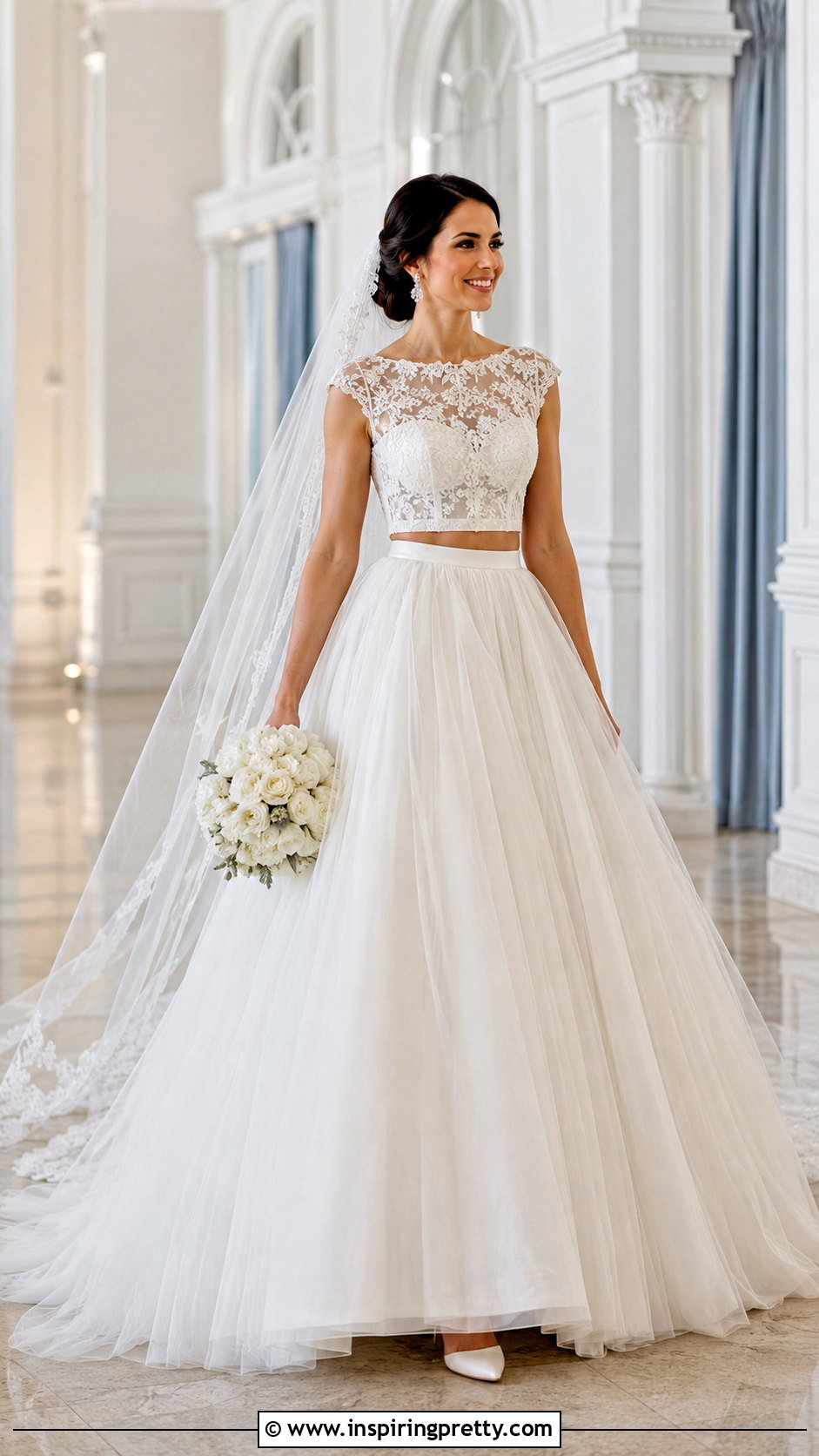 Lace Crop Top With Tulle Ball Gown Skirt - 20 Bridal Lace Top Separate outfit ideas