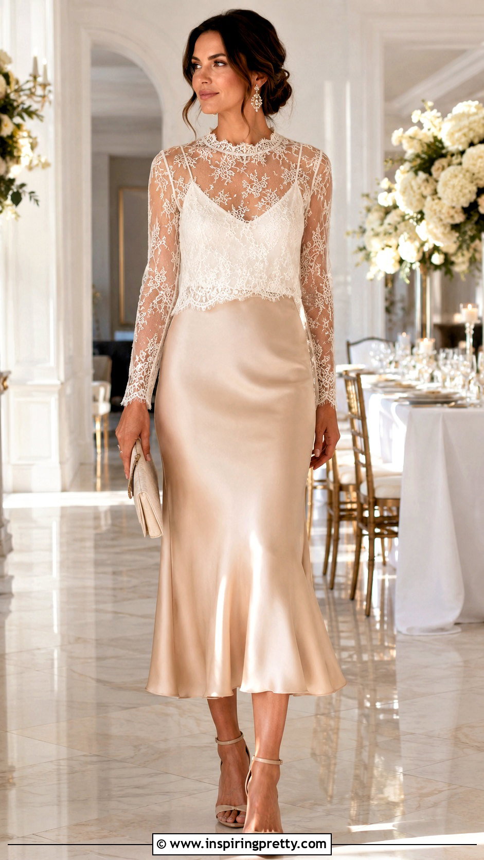 Lace Designer Sheer Top With Satin Midi Skirt - 20 designer sheer top outfit ideas