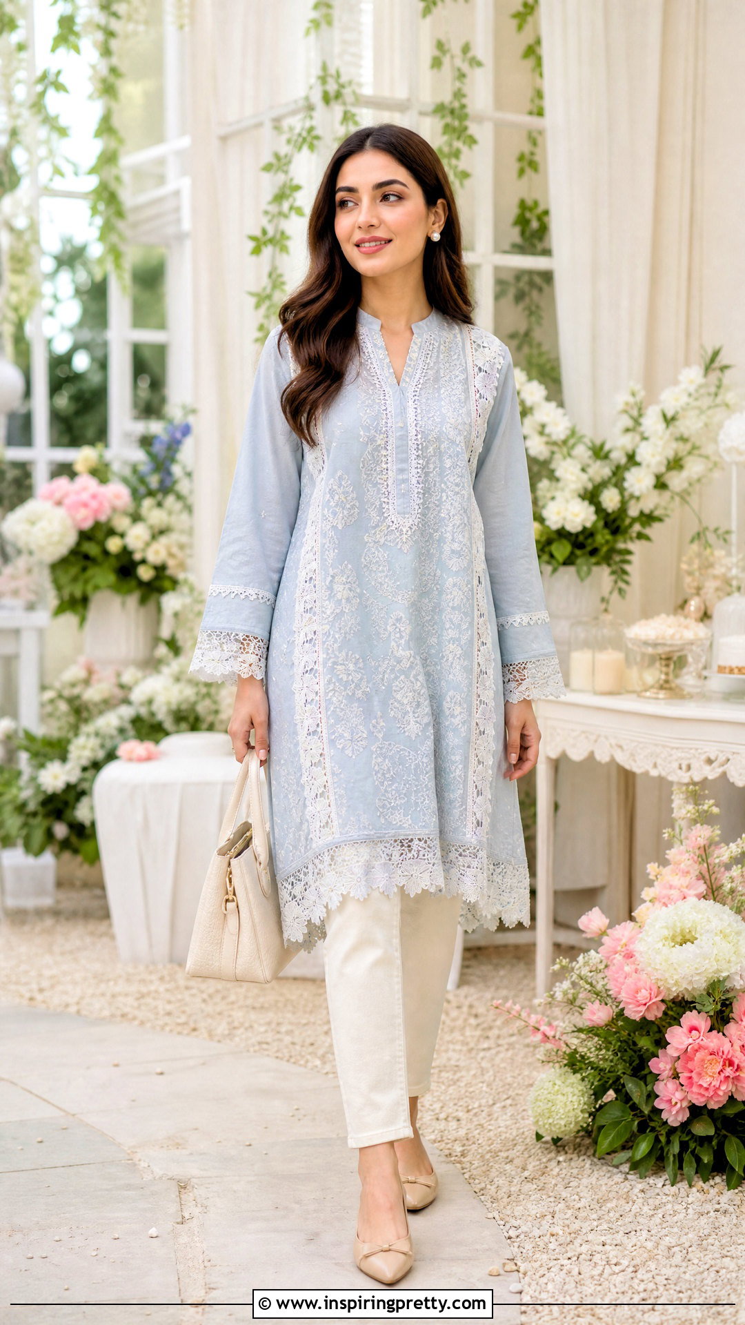 Lace Detail Kurti With White Jeans - 50 kurti tops for jeans