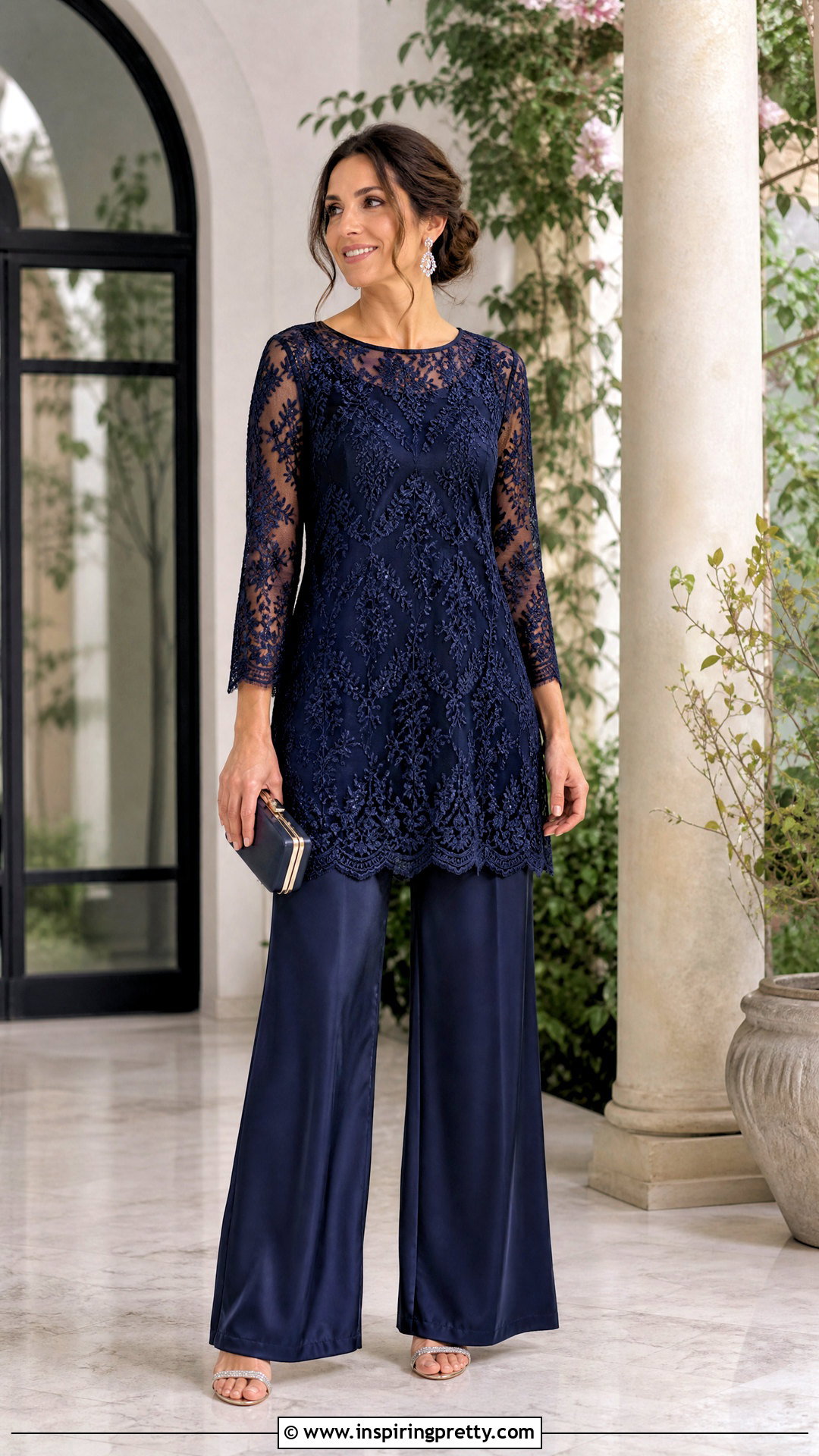 Lace Evening Tunic Top With Satin Pants - 20 evening tunic tops outfit ideas