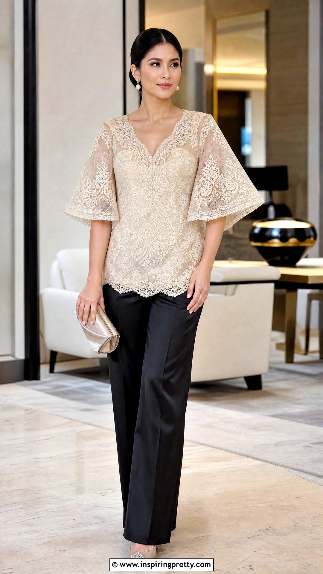 Lace Filipiniana Top With Satin Pants - 50 filipiniana top outfit ideas
