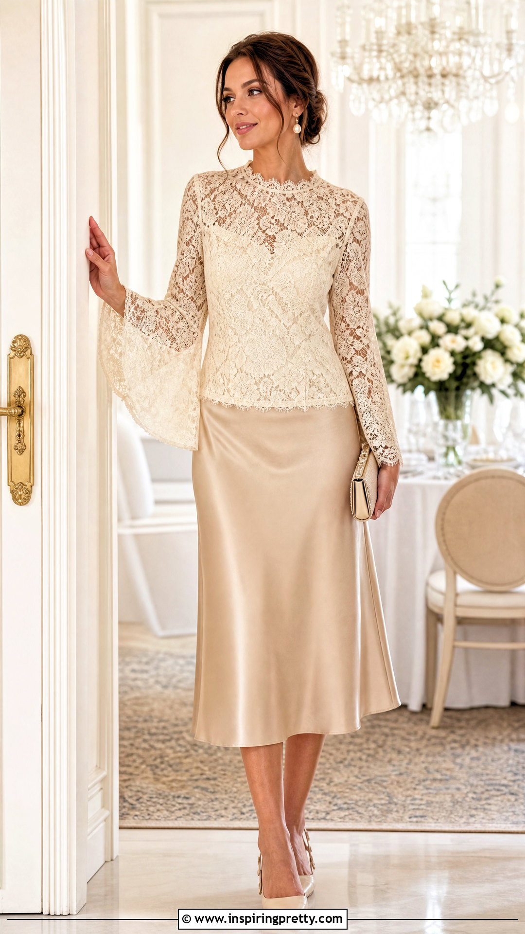 Lace Flared Sleeve Top With Satin Midi Skirt - 50 flared sleeves tops