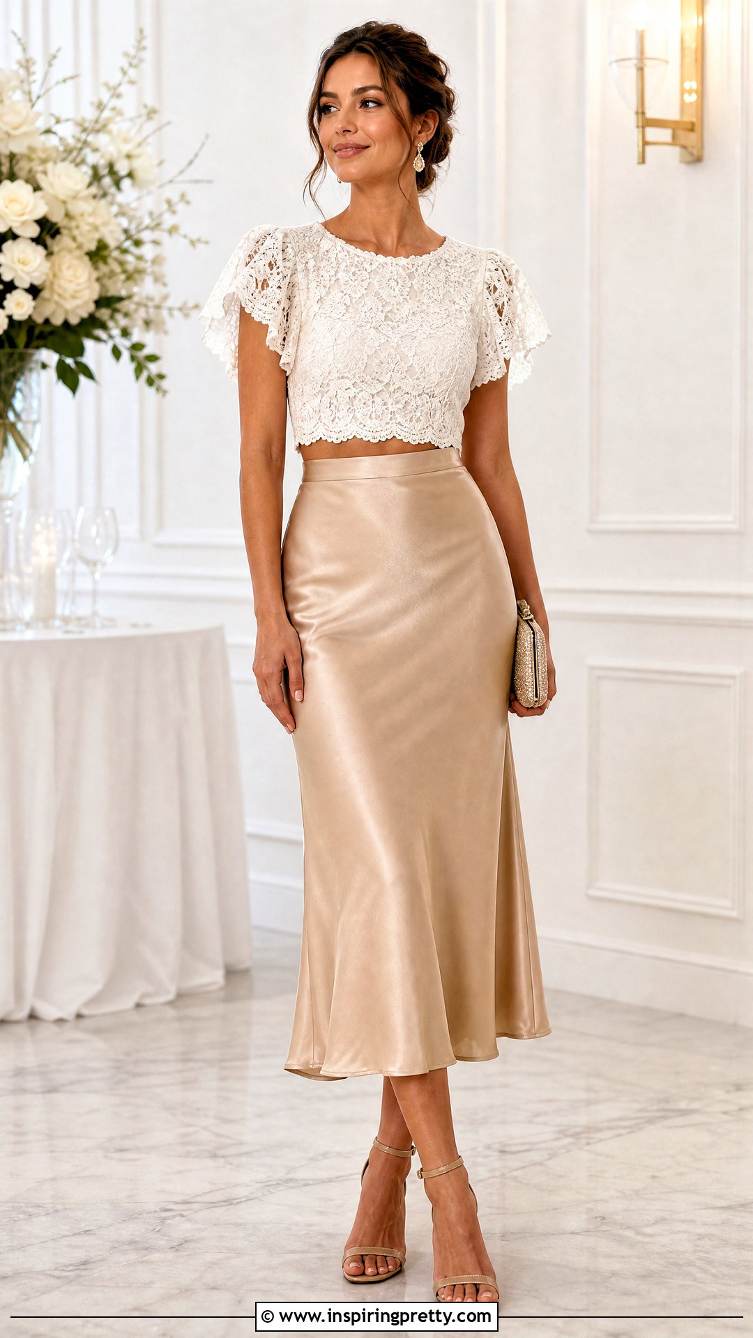 Lace Flutter Sleeve Crop Top With Satin Skirt - 25 Flutter Sleeve Crop Top outfit ideas