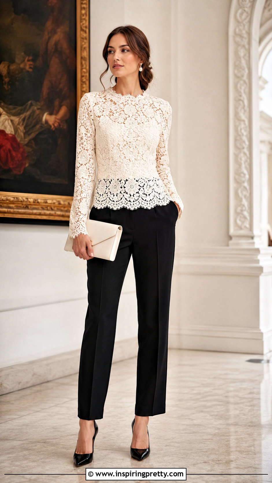 Lace Formal Top With Straight Leg Trousers - 50 formal tops outfit ideas