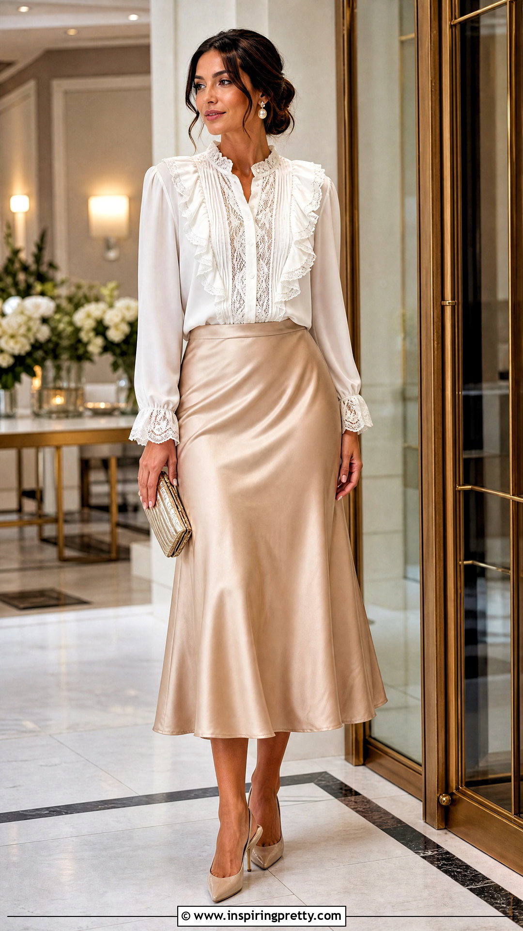 Lace Frill Top With Satin Midi Skirt - 50 frill top outfit ideas