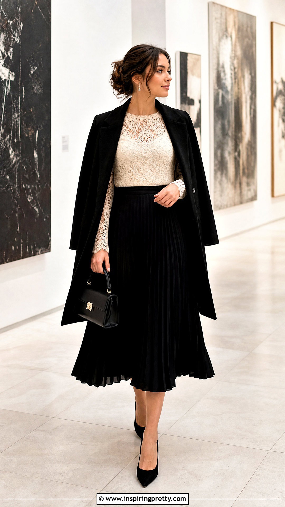 Lace Full Sleeve Top With Black Midi Skirt - 50 full sleeve top outfits