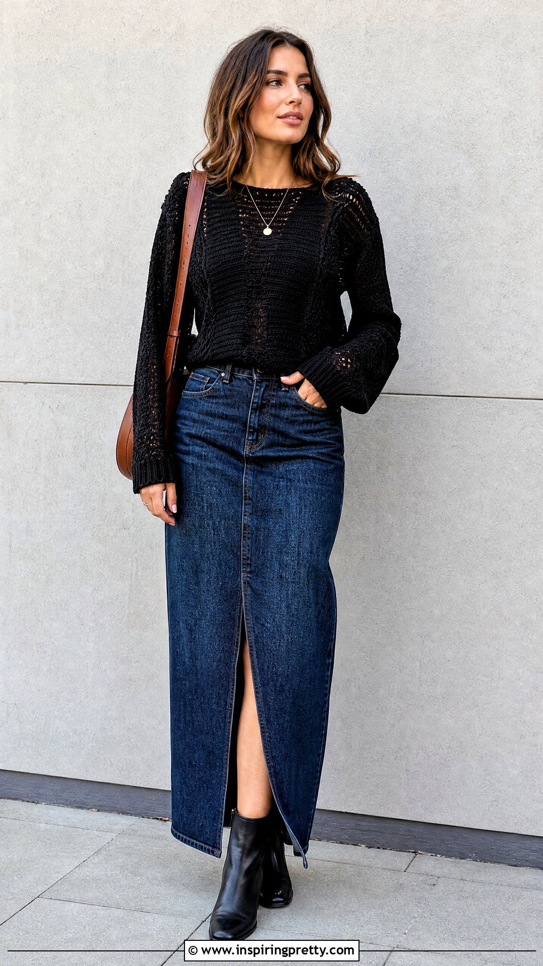 Lace Knit Top With Denim Maxi Skirt - 20 Lace Knit Top Style outfit ideas