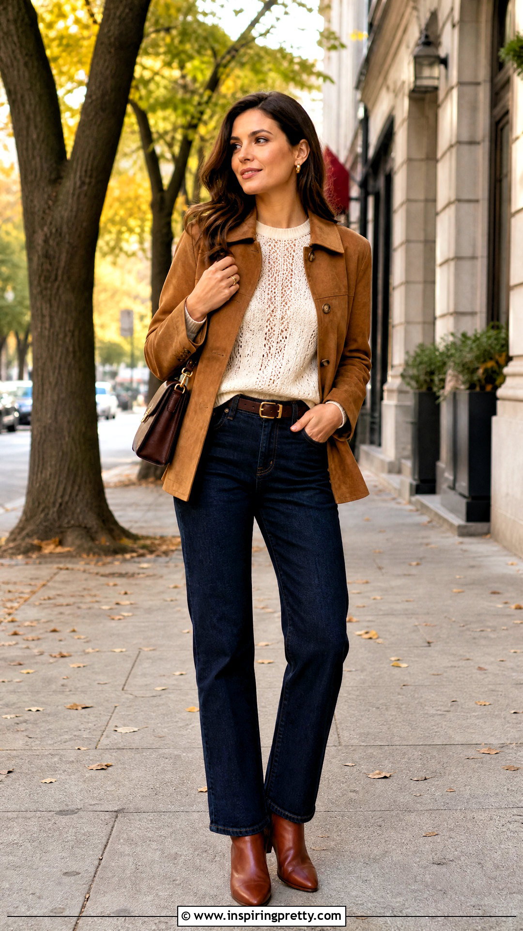 Lace Knit Top With Suede Jacket and Dark Jeans - 20 Lace Knit Top Style outfit ideas
