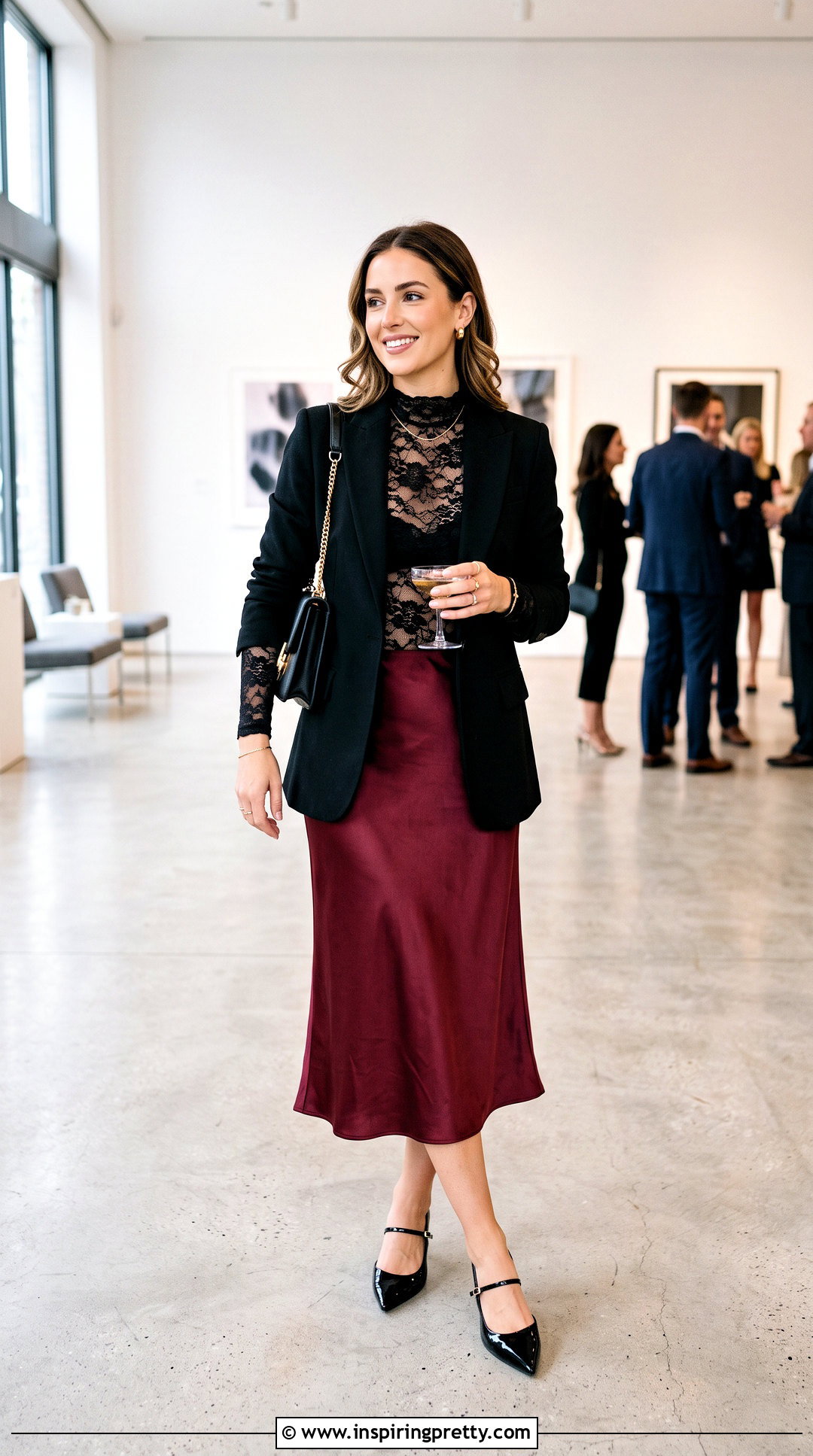 Lace Layering Bodysuit With Blazer And Midi Skirt - 50 Lace Layering Top Outfit ideas