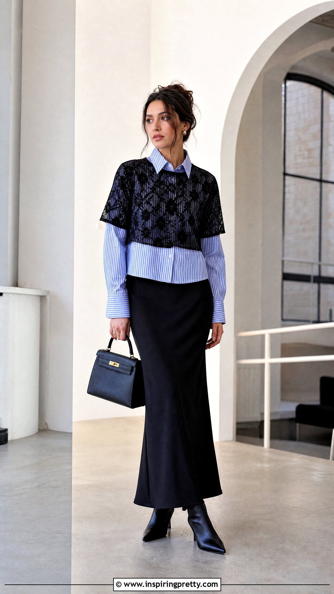 Lace Layering Top Over A Button Down And Maxi Skirt - 50 Lace Layering Top Outfit ideas