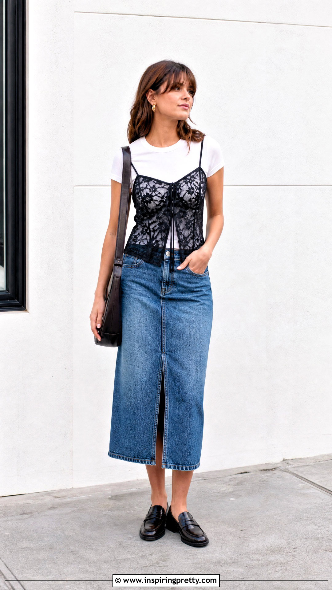 Lace Layering Top Over A T Shirt With Denim Skirt - 50 Lace Layering Top Outfit ideas