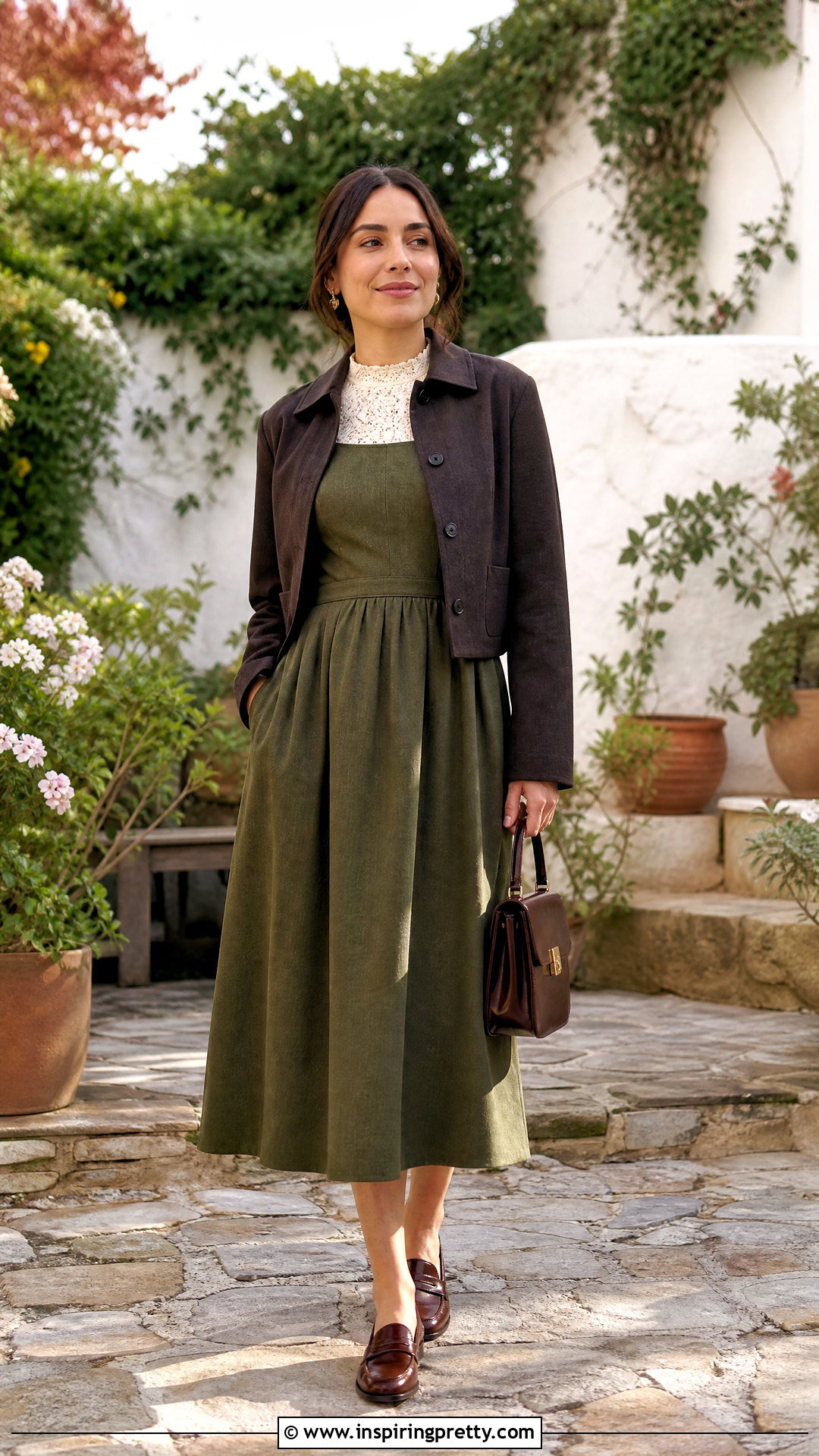 Lace Layering Top Under A Pinafore Midi Dress - 50 Lace Layering Top Outfit ideas